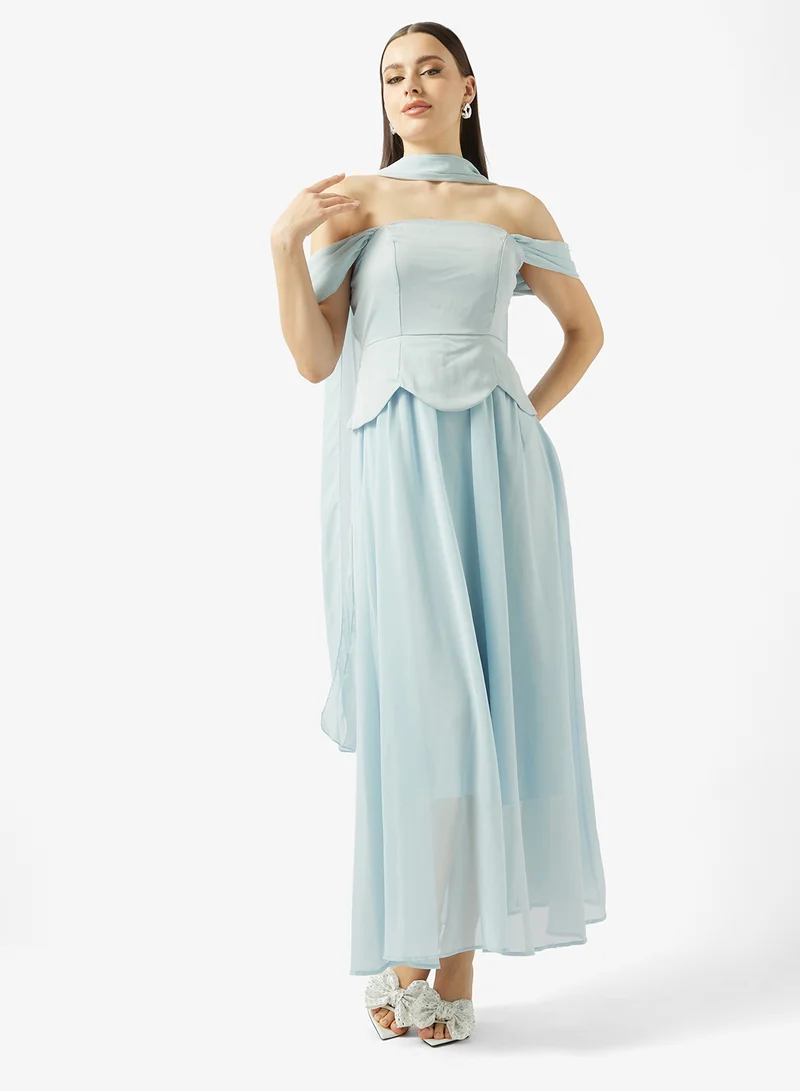 Off Shoulder A-line Dress Blue