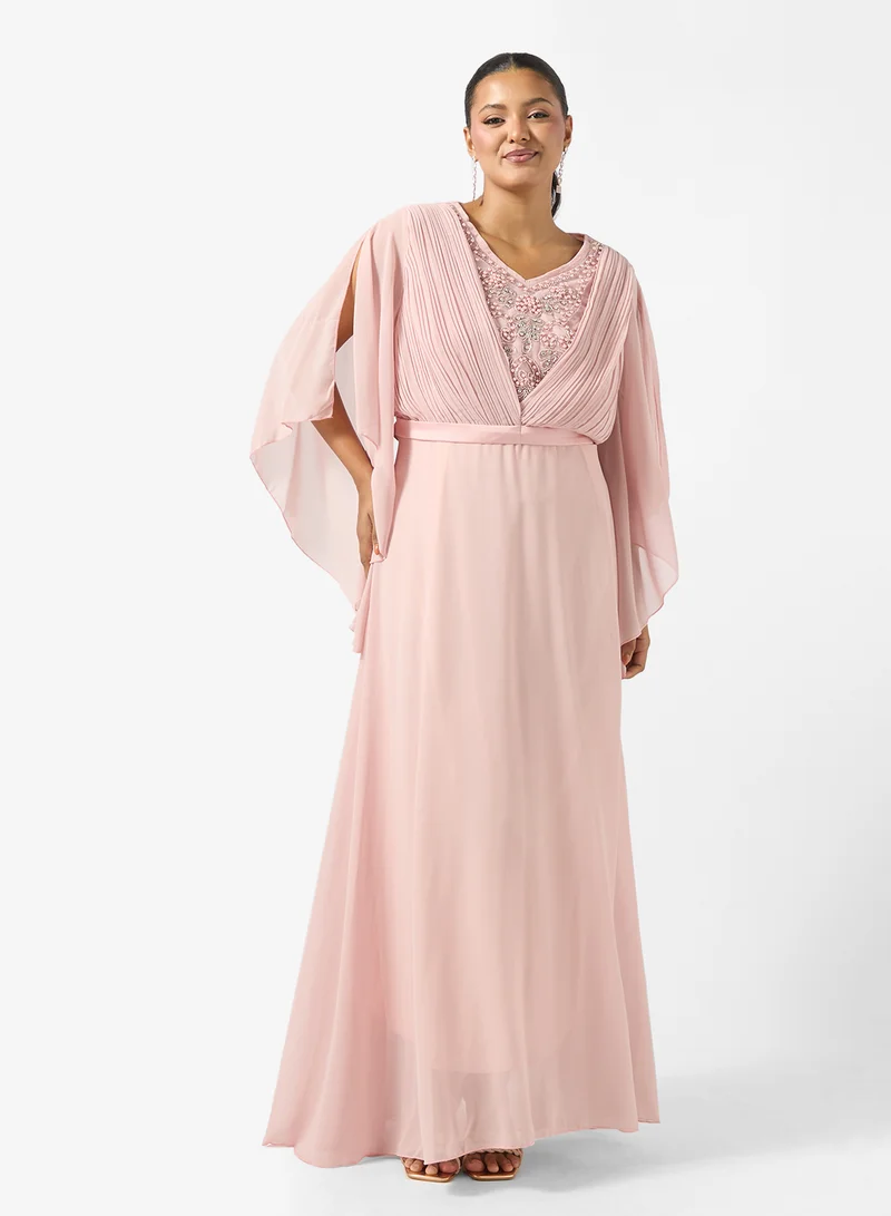 Plus Size Embellished Neck Flouncy Sleeve Dress Light Pink