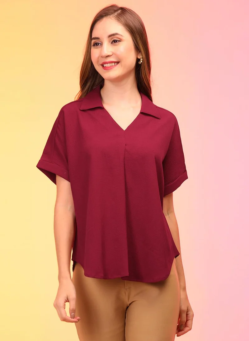 Globus Women Self Design Workwear Shirt Top Burgundy