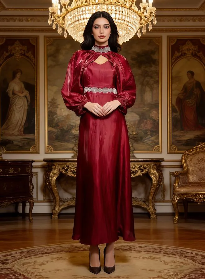 Embellished Cape Sleeve Maxi Dress Deep Red