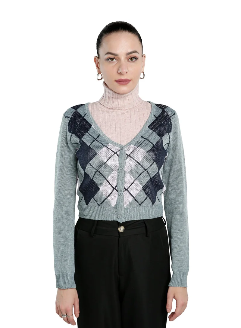 Argyle Check Full Sleeve Cardigan Dark Blue