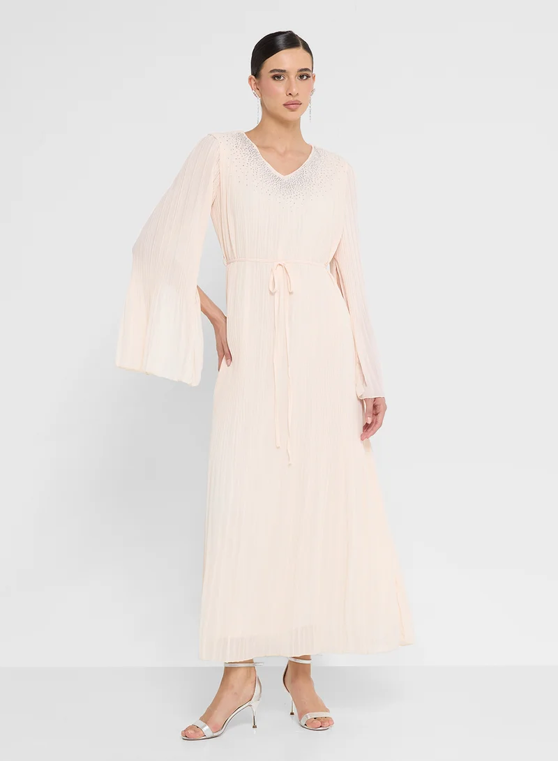 Slit Sleeve Embellished Dress Pale Pink