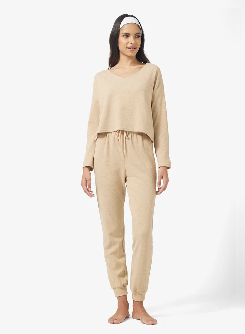 V-Neck Fine Knit Jumper and Pant Set Beige