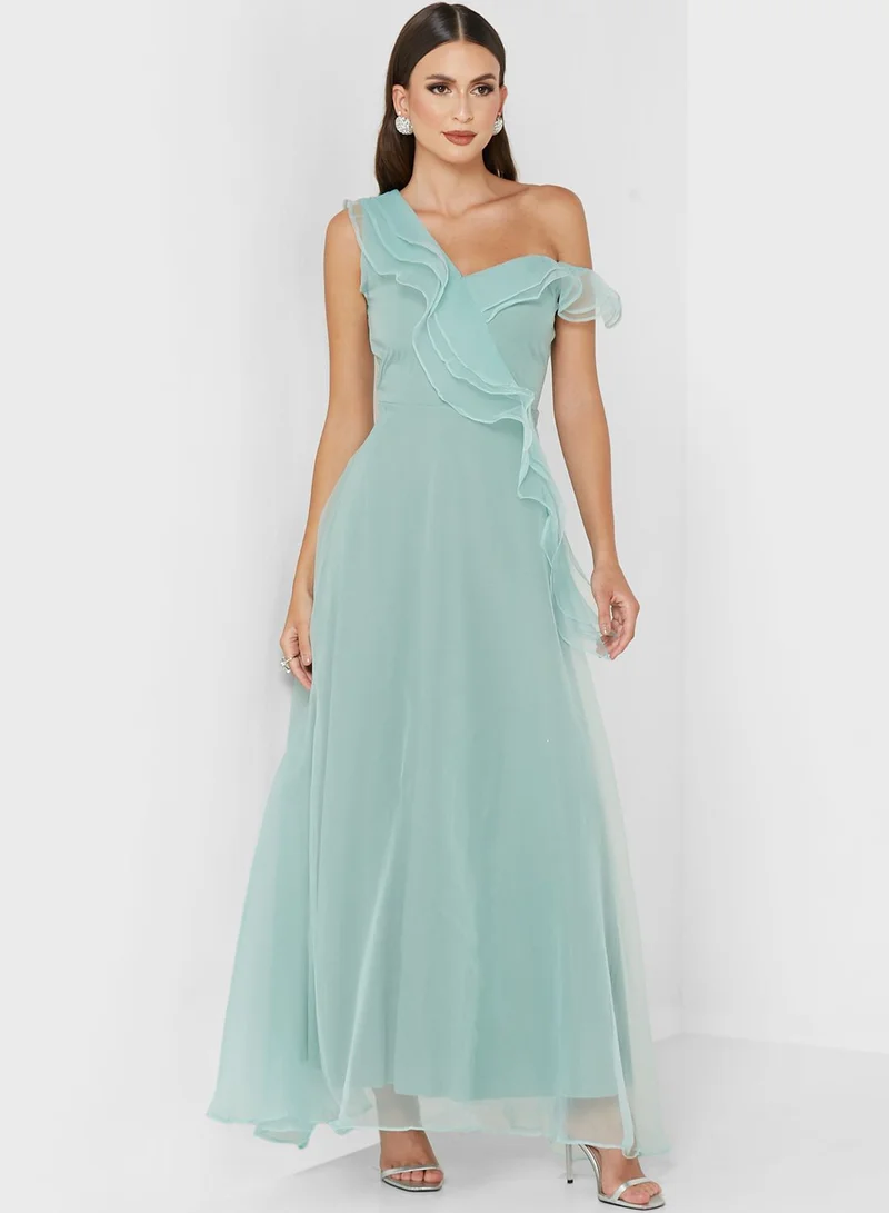 Ruffled One-Shoulder Dress Sea Green