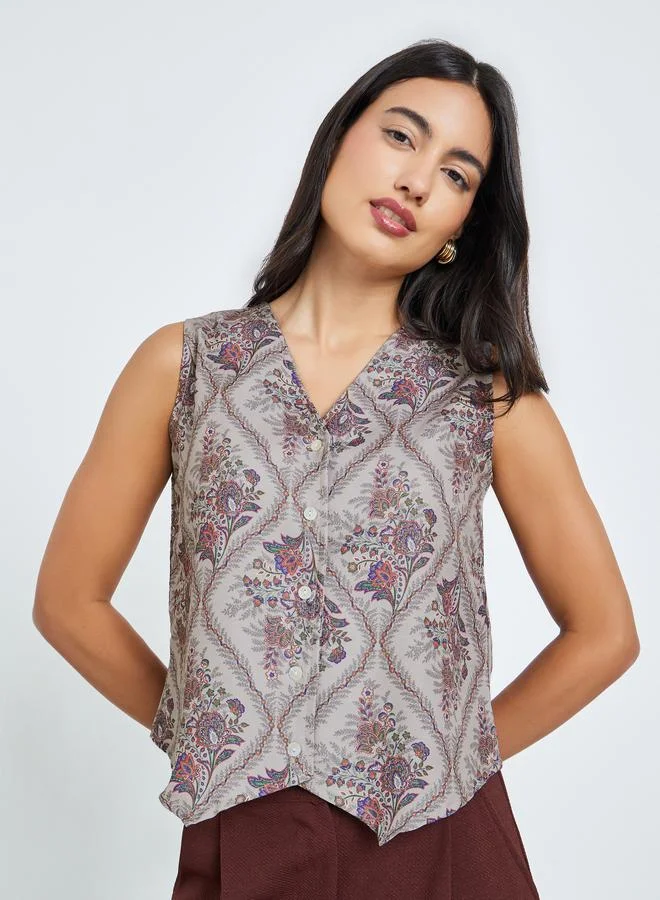 Floral Sleeveless Waistcoat Beige