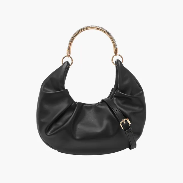 Ruched Hobo Bag with Adjustable Strap Black