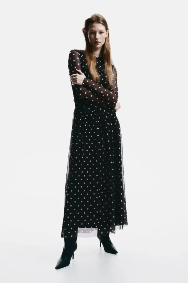 Brown Printed Fit & Flare Long-Sleeve Mesh Midi Dress – image 2