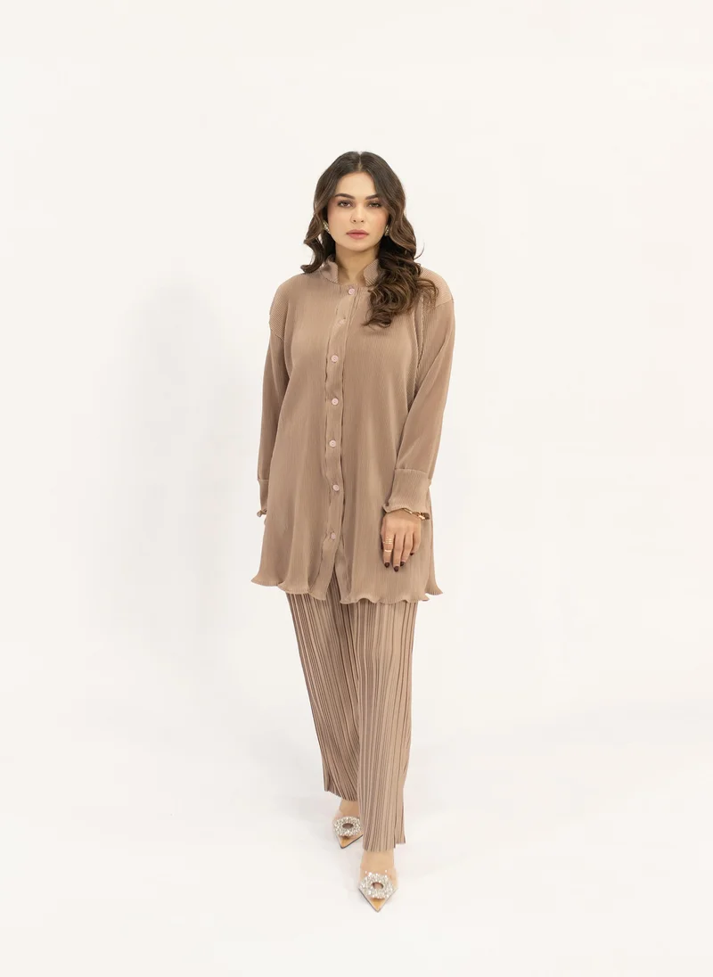 Contrast Pleated Blush Suit Beige