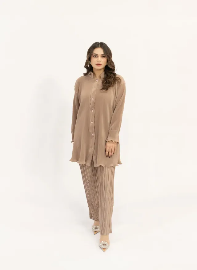 Contrast Pleated Blush Suit Beige