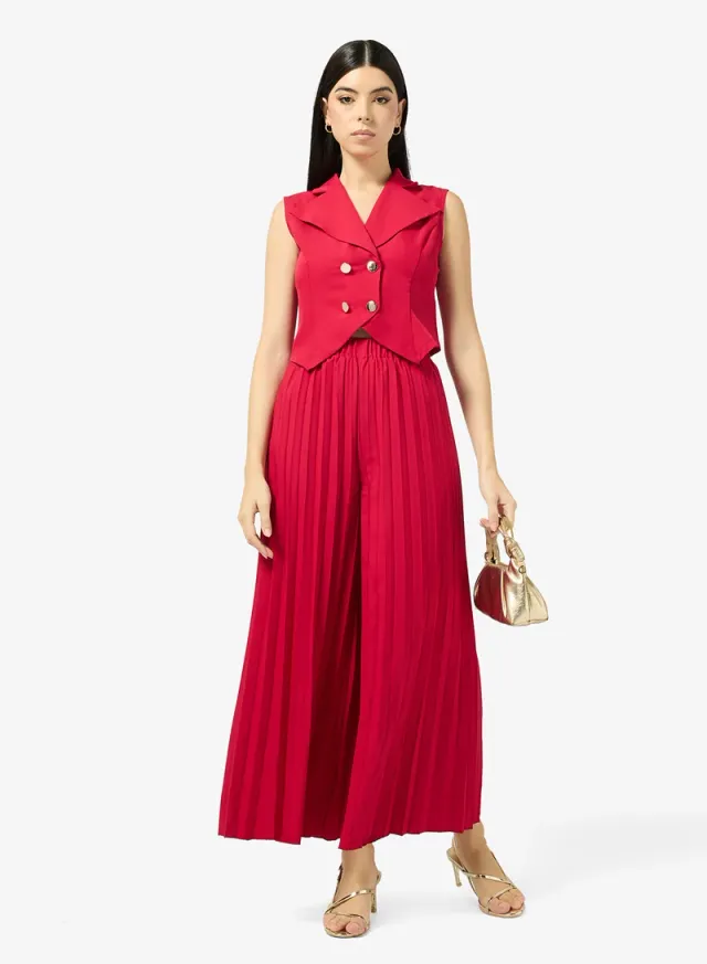 Red Collared Vest Top & Full-Length Pant Set for Women – image 5
