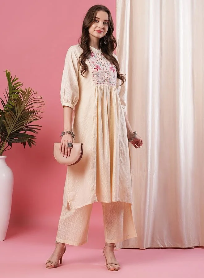Globus Embroidered Kurta & Palazzo Set Pale Beige