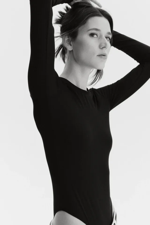 Women's Black Long-Sleeve Microfibre Bodysuit with High Cut and Press-Studs – image 4