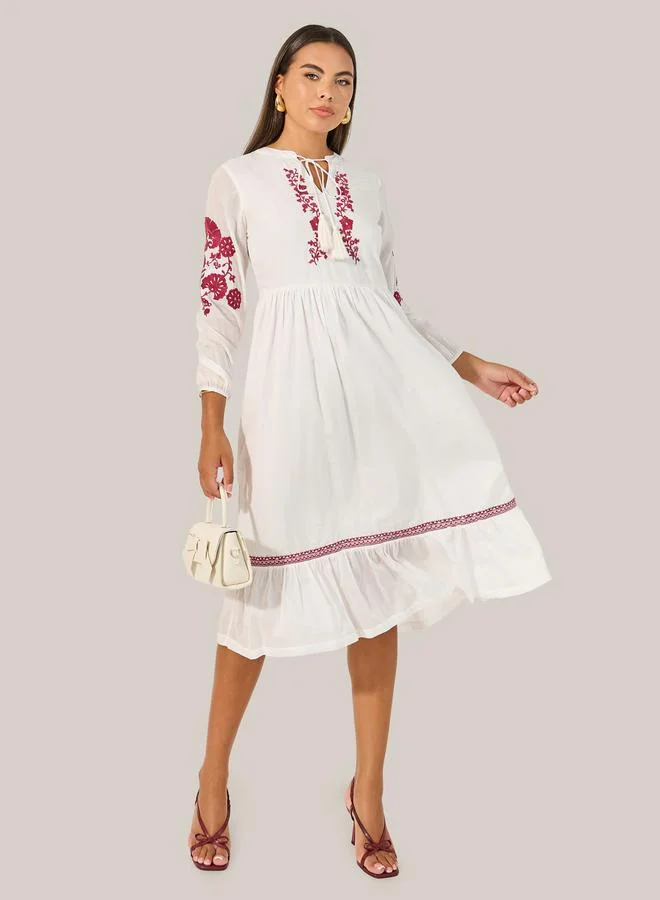 Styli Embroidered A-Line Midi Dress