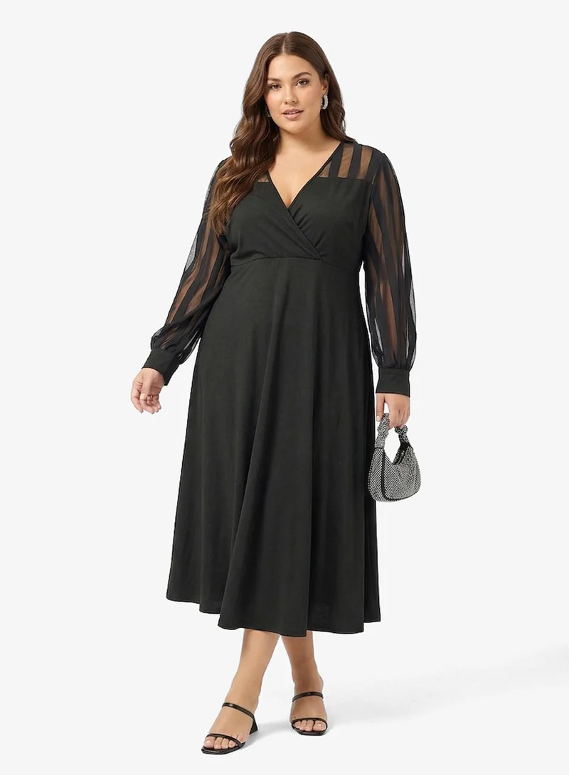 Sheer Sleeve A-line Dress Black
