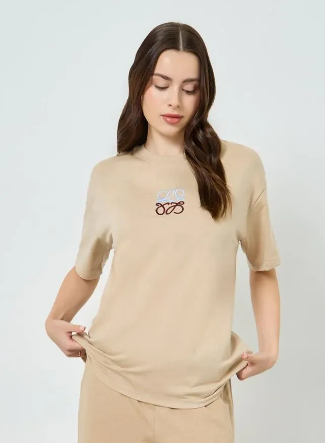 Embroidered Oversized T-Shirt Beige