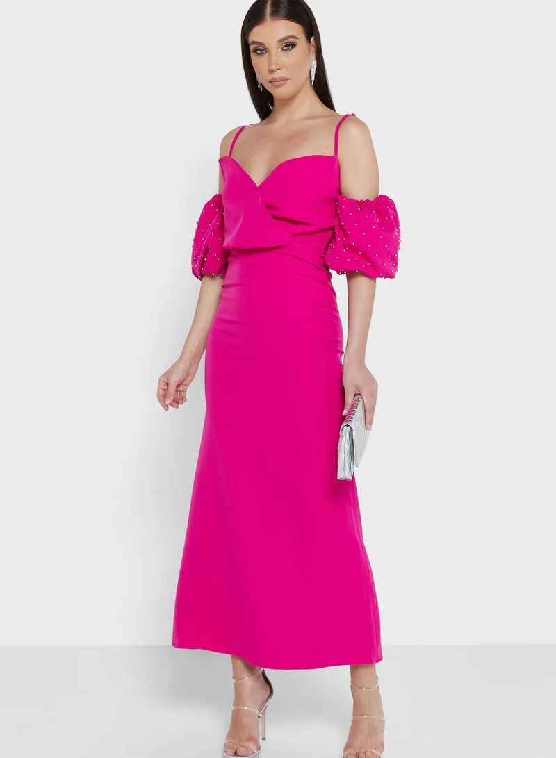 Off-Shoulder Pearl Dress Bright Pink