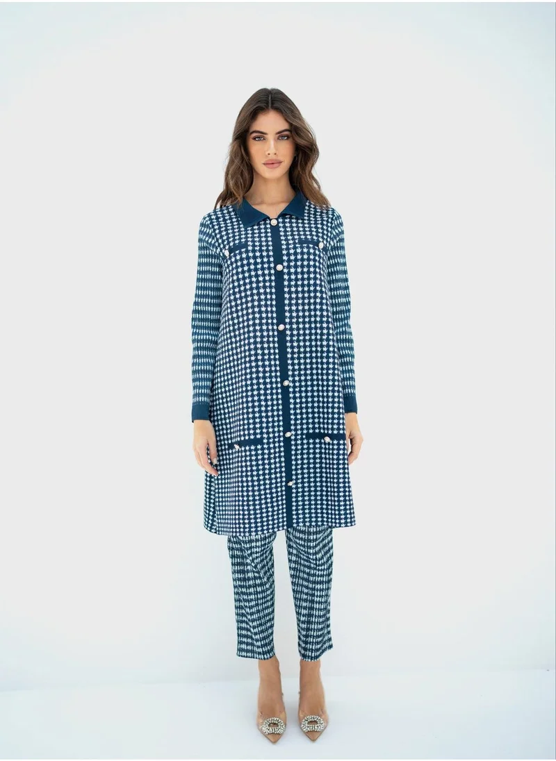 Pleated Top and High Waist Pants Set Steel Blue