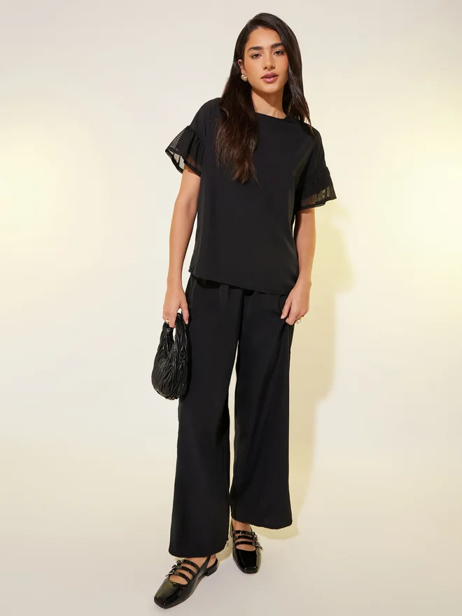 Take Two Mesh Sleeve Top and Pants Co-ord Black