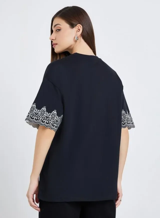Women's Oversized Embroidered Sleeve T-Shirt Black – image 4