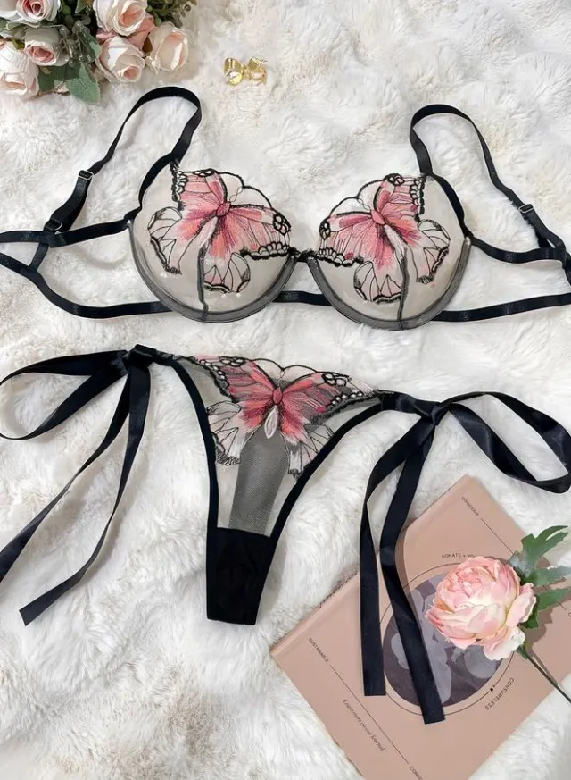 Butterfly Embroidered Mesh Bra & Thong Lingerie Set