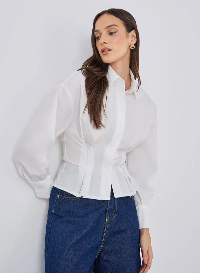 Pleated Fitted Crop Shirt White