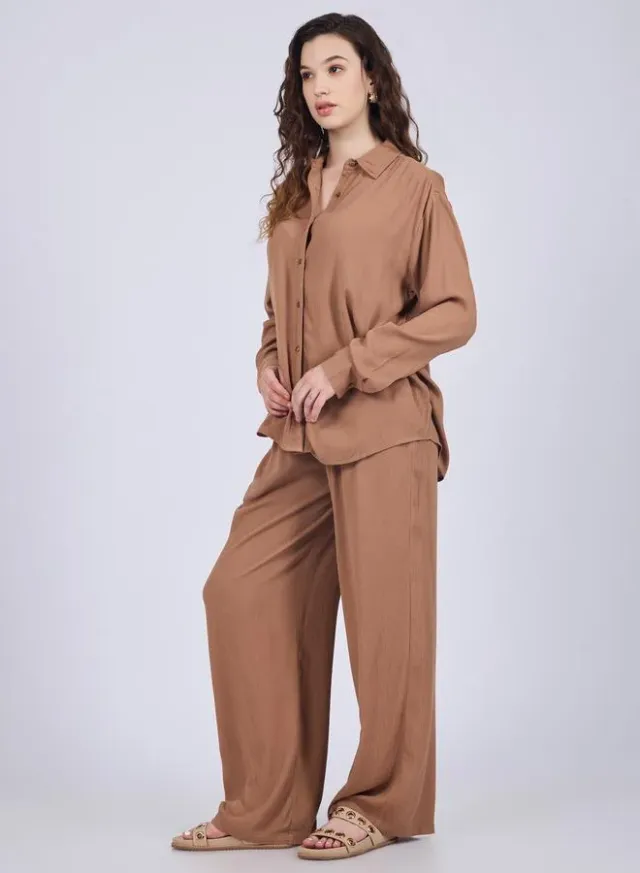 Brown Relaxed Fit Collared Shirt and High-Rise Pants Co-Ords – image 4