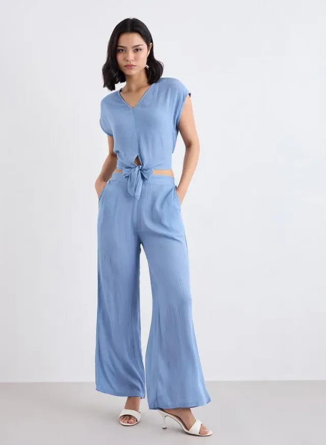 Front Knot Crop Top and Pants Set Blue – image 2