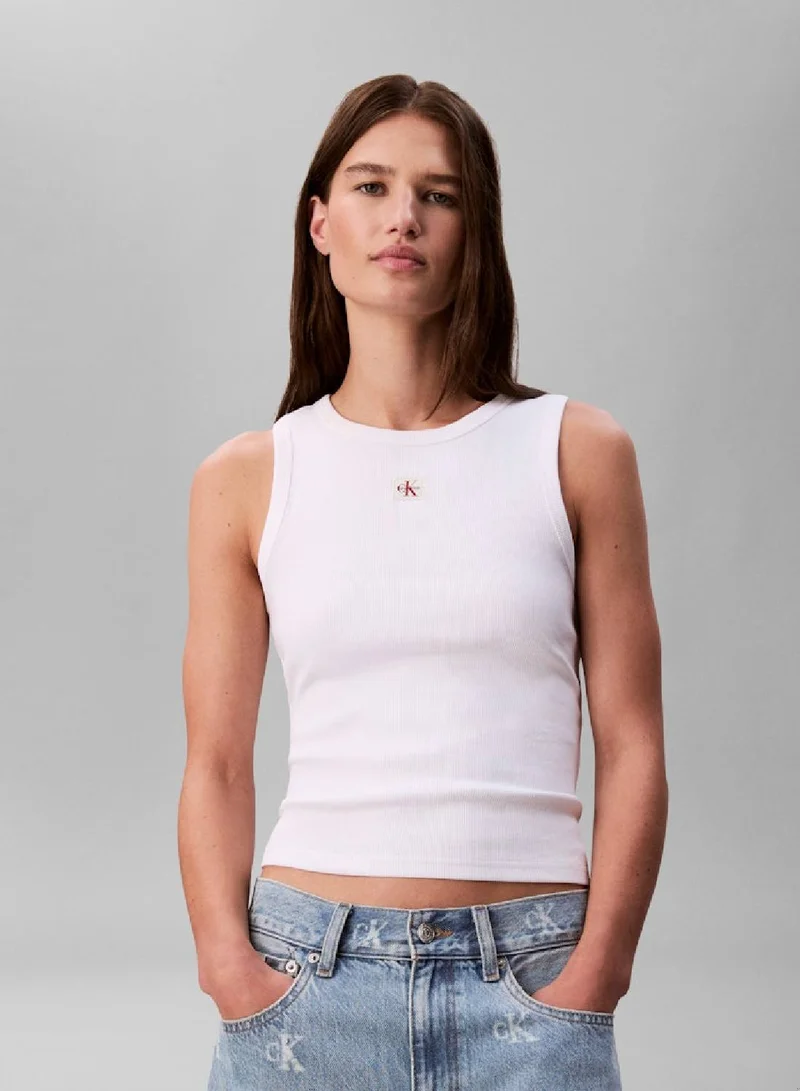 Ribbed Cotton Badge Tank Top White