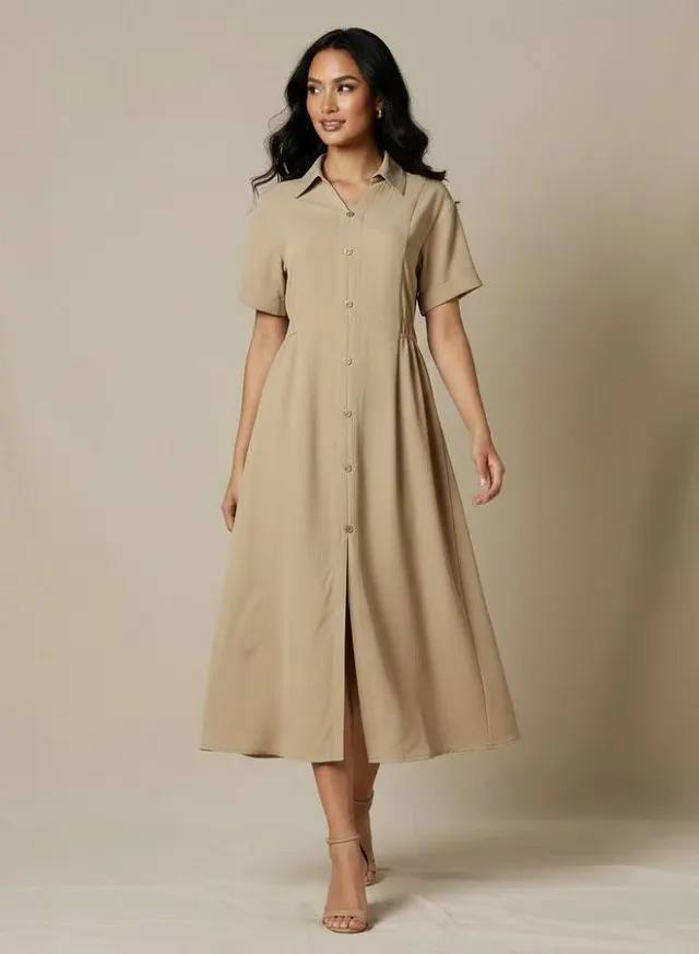 Front Slit Shirt Midi Dress Light Beige