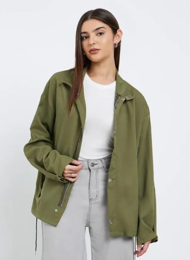 Olive Solid Longline Utility Jacket for Women – image 2
