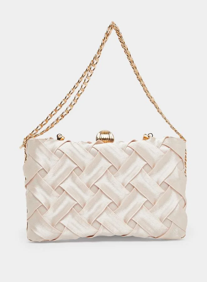 Women's Satin Cross Detail Chain Clutch Beige