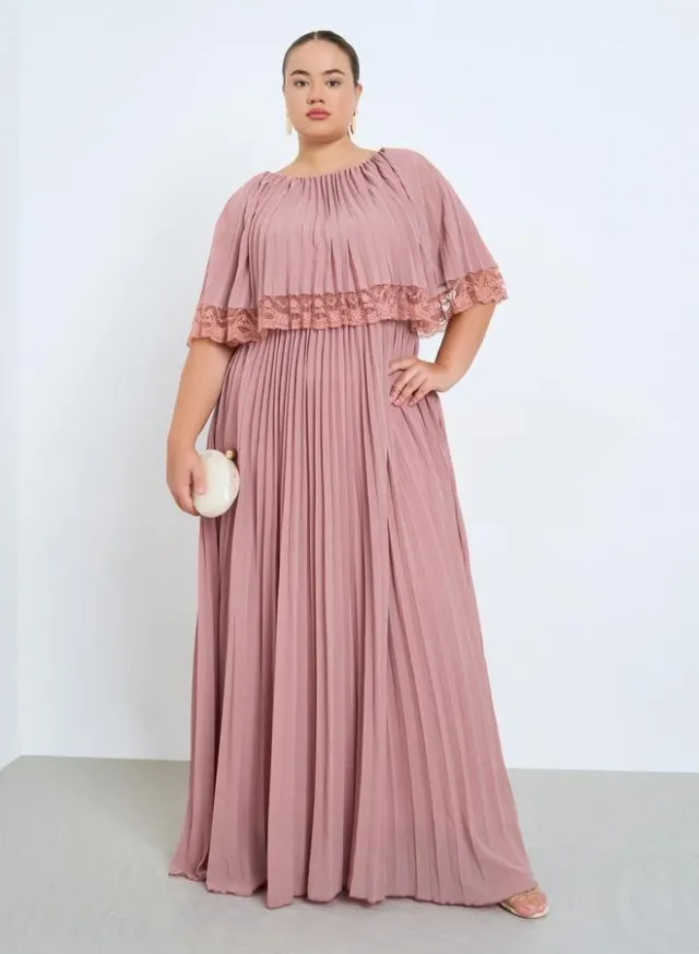 Plus Size Lace Cape A-Line Maxi Dress Pink
