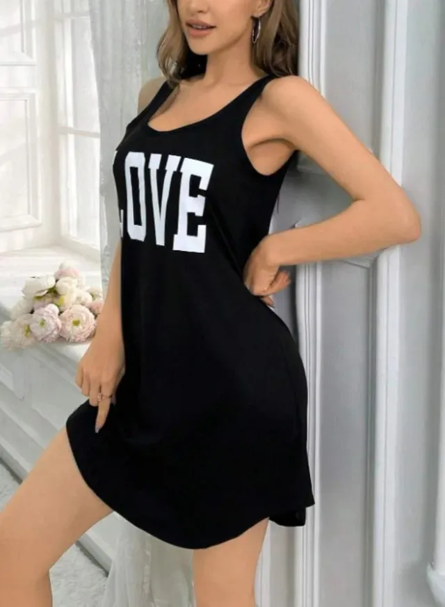 Strappy Love Print Nightdress Black – image 2