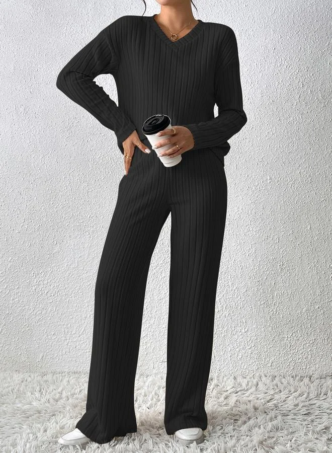 Take Two Ribbed Knit Top and Pants Co-Ord Black