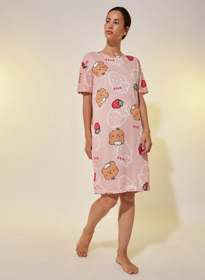 Bear Print Short Sleeve Sleep T-Shirt Dress Pink