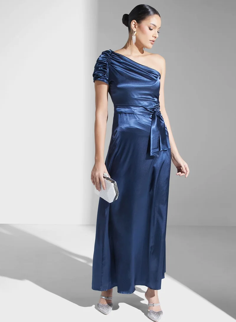 Satin One-Shoulder Dress Deep Slate Blue