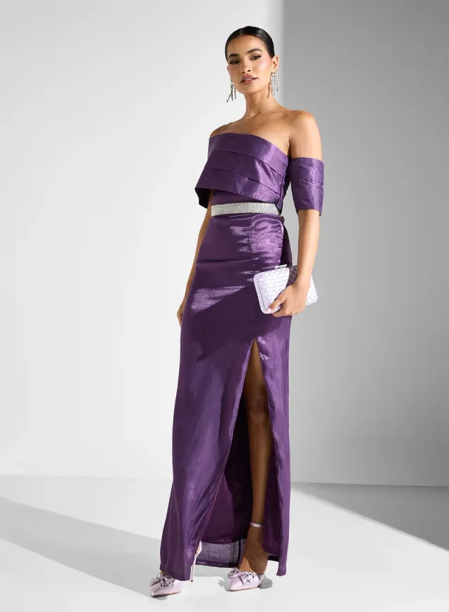 Purple Off-Shoulder Maxi Dress with Slit – image 5