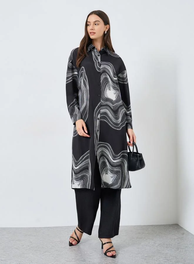 Marble Print Longline Shirt and Pants Co-ord Set Black