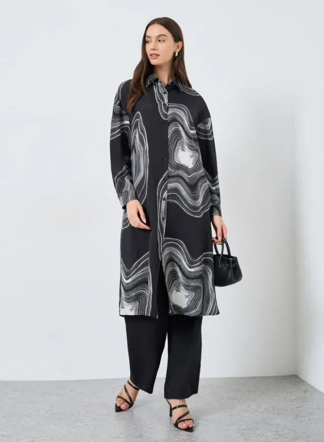 Marble Print Longline Shirt and Pants Co-ord Set Black