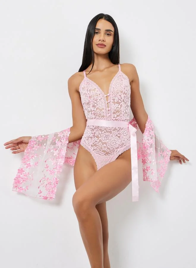 Floral Lace Mesh Bodysuit with Satin Belt and Embroidered Stole Light Pink