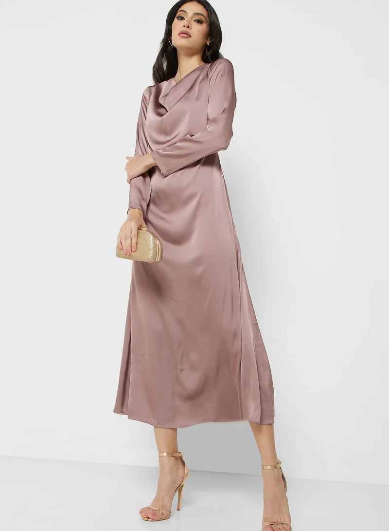 Satin Cowl Midi Dress Dusty Rose