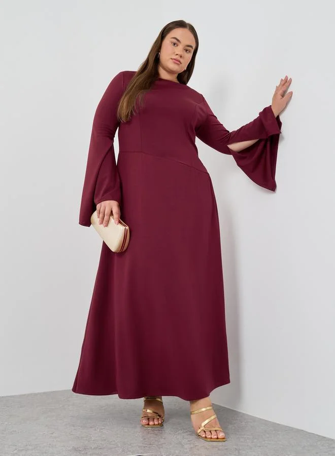 Plus Size Long Sleeve A-Line Maxi Dress Burgundy