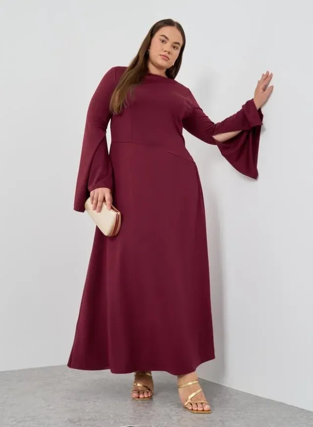 Plus Size Long Sleeve A-Line Maxi Dress Burgundy