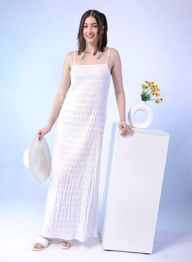 Women's Fit and Flare Solid Casual Long Dress White