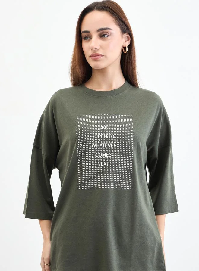 Charcoal Slogan Oversized 3/4 Sleeve T-Shirt Green