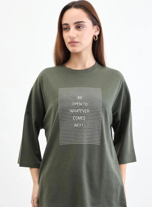Charcoal Slogan Oversized 3/4 Sleeve T-Shirt Green