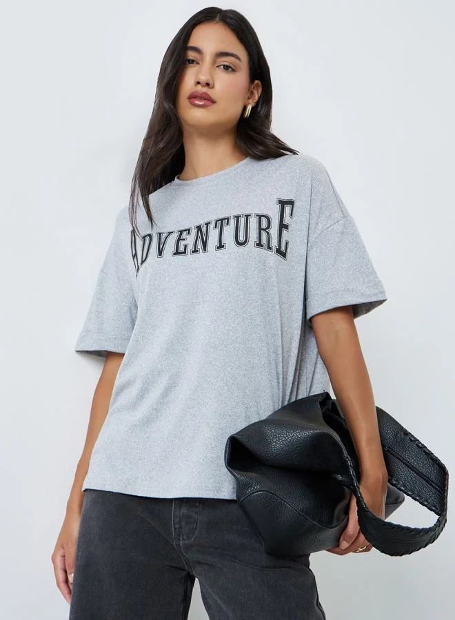 Slogan Print Oversized T-Shirt Grey