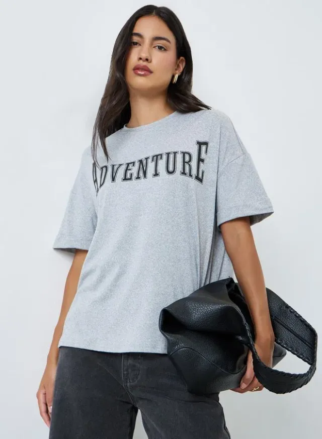 Slogan Print Oversized T-Shirt Grey