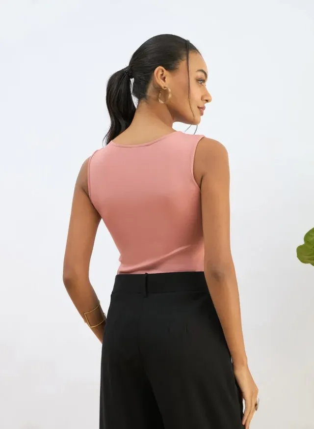 Pink Square Neck Sleeveless Skinny Fit Bodysuit for Women – image 5