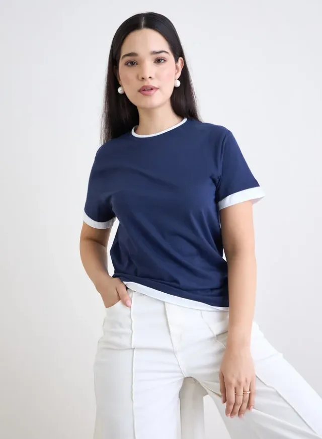 Styli Cotton Ringer T-Shirt Navy Blue